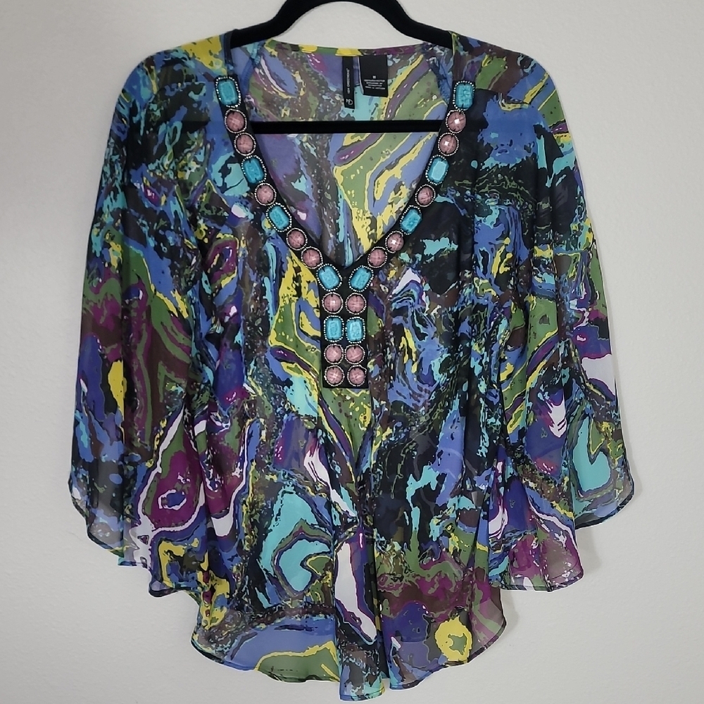 Y2K Womens Sheer Embellished Top Kimono Size M Colorful Fairy Wearable Art